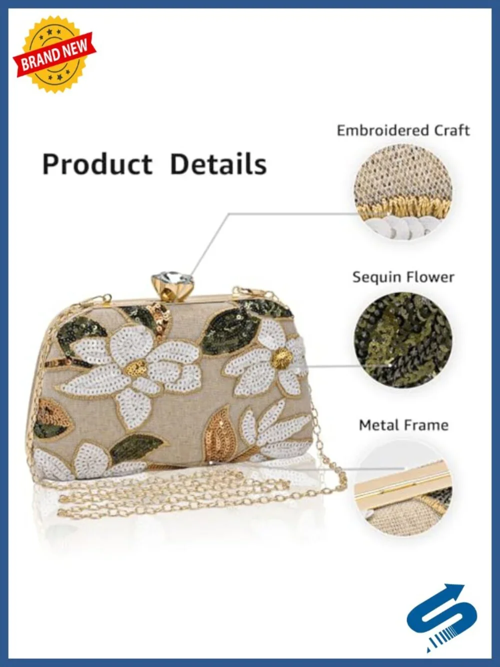 Beaded Embroidered Evening Clutch with Chain Floral Sequin Bag